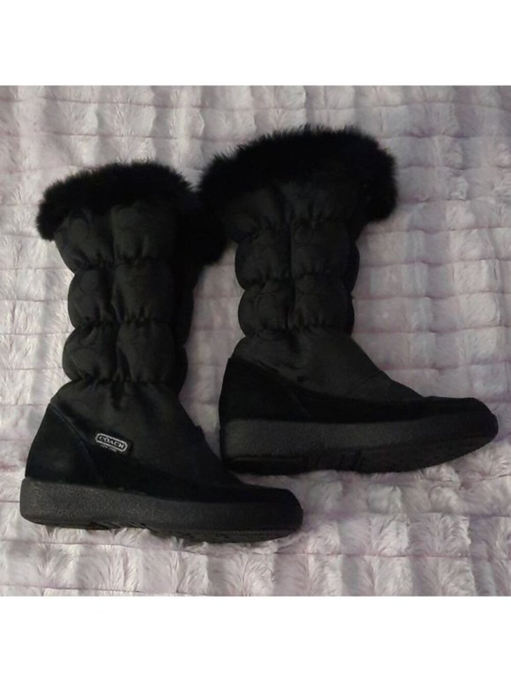 Coach Theona Black Rabbit Fur Lined Puffer Canvas Knee High Zipper Boots Size 6B